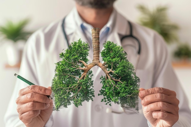 Photo doctor holding drawing of green tree in shape of human lungs on light background