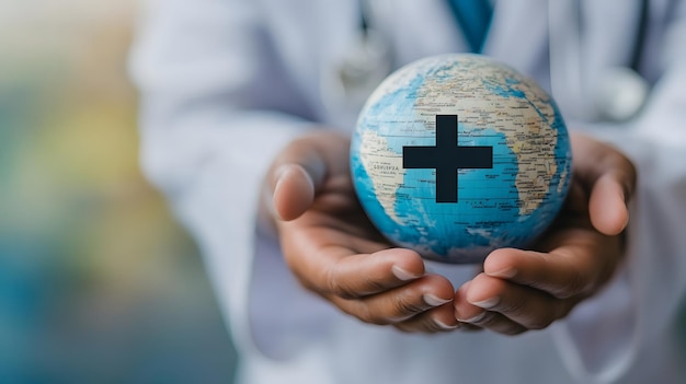 Photo doctor holding a globe with a cross representing global healthcare