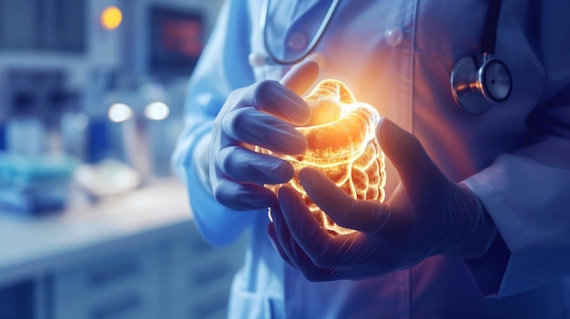 A doctor holding a glowing anatomical model of the human intestines symbolizing medical research and healthcare innovation in a clinical setting