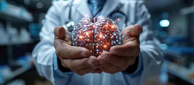 Photo doctor holding a glowing brain model