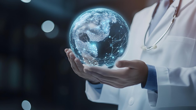 Photo doctor holding a glowing globe in their hands representing global health