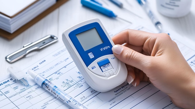 Doctor holding glucose meter for blood sugar test in hospital