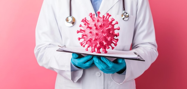 doctor holding medical chart with pink virus model symbolizes health awareness