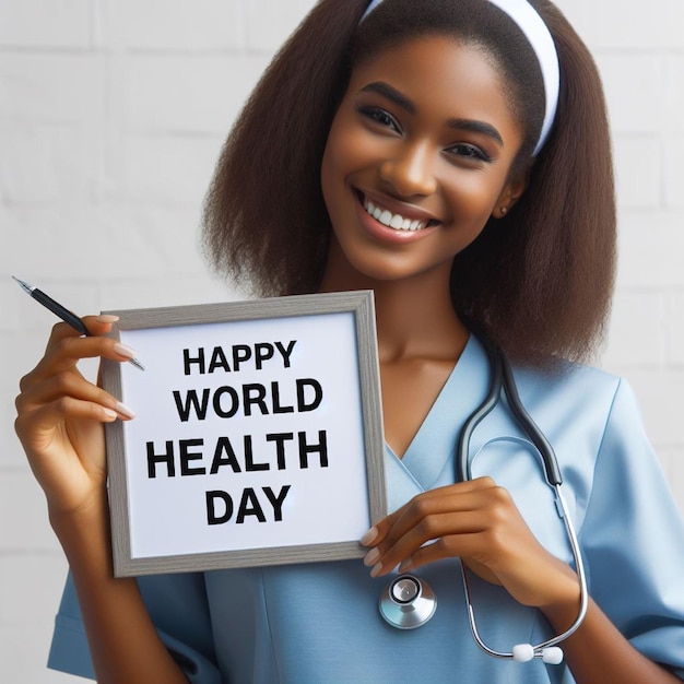 doctor holding a pencil and a sign that says world health day