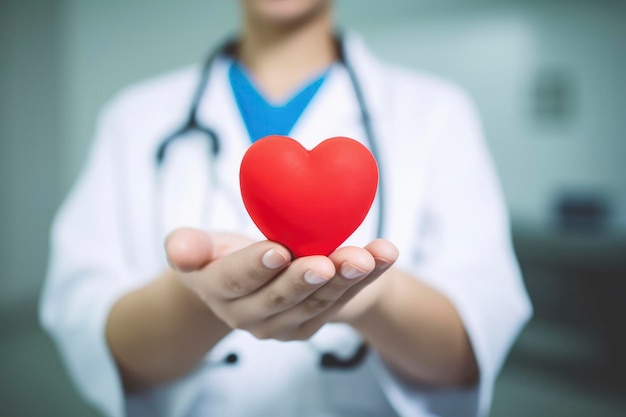 A doctor holding a red heart in his hands