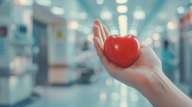 A doctor holding a red heart symbolizing health and care in a medical setting Generated AI