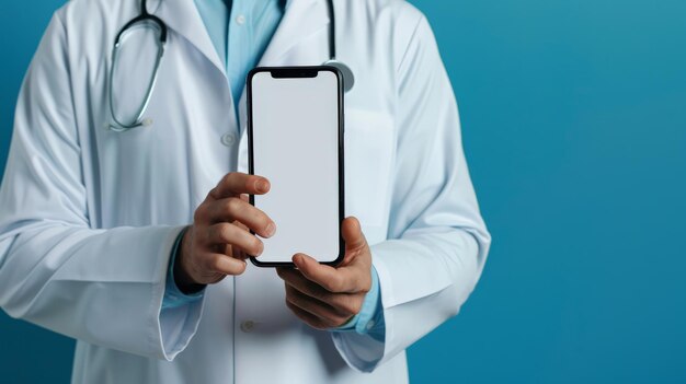 Photo doctor holding smartphone with blank screen on blue background medical professional displaying phone mockup for healthcare app or service suitable for medical technology and telemedicine concepts