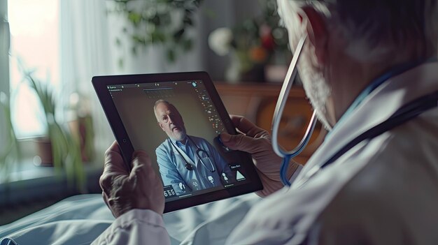 A doctor holding a tablet displaying a patients representing remote healthcare innovation