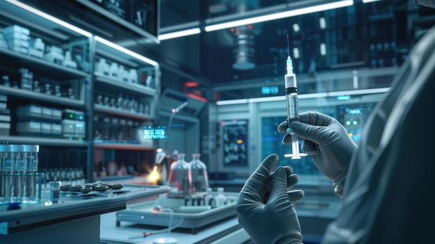 Doctor holds Covid19 vaccine in a lab in the background of a hospital room There are interface icons