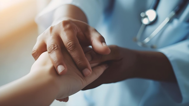 A doctor holds a patient's hand and the other hand is touching the other hand.