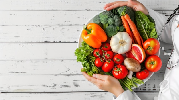 A doctor holds a plate of vegetables including broccoli carrots and tomatoes