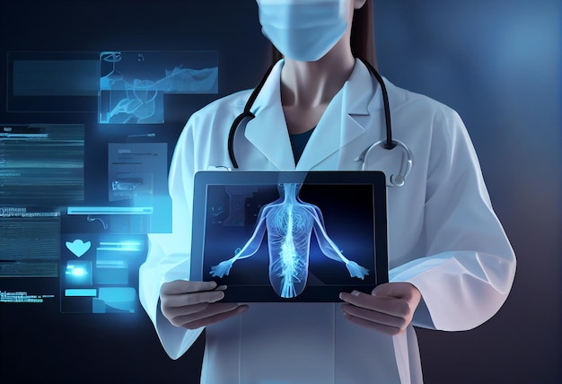 A doctor holds a tablet with the brain on it.