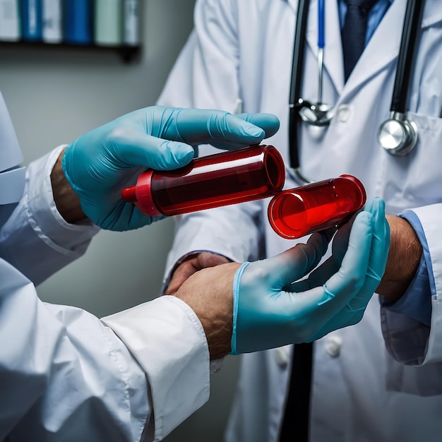 Photo the doctor holds a test tube into the holder vascular test with blood sample research experiment