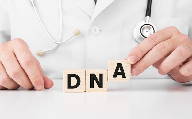 Doctor holds wooden cubes in his hands with text DNA