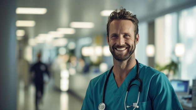 Doctor in hospital corridor with a stethoscope on his neck