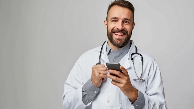 A doctor in a hospital cost is smiling and holding a phone