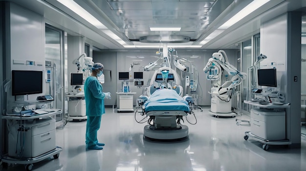 a doctor in a hospital room with a robot in the background