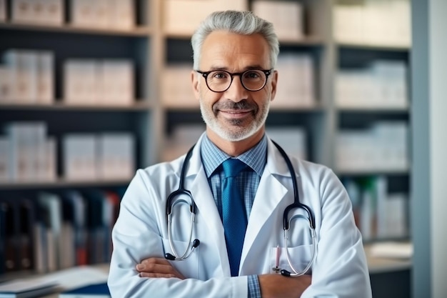 A doctor in a hospital with a stethoscope on his neck stands in front of a shelf of books.