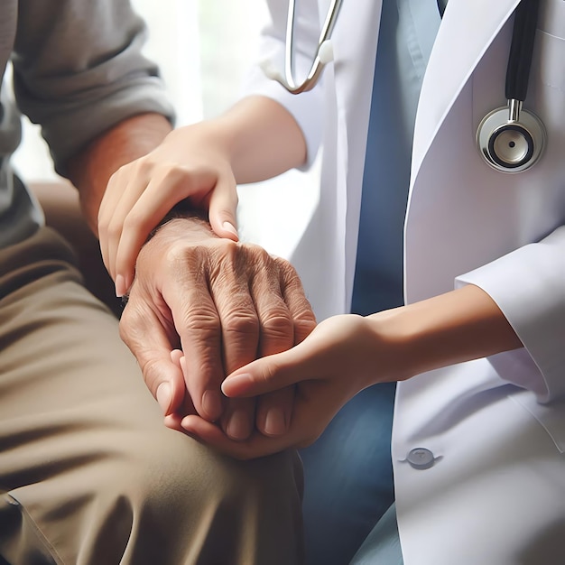 a doctor is holding hands with a doctor in the background