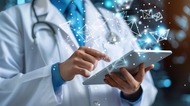 Photo a doctor is holding a tablet with a blue background with a white image of a doctor holding a tablet