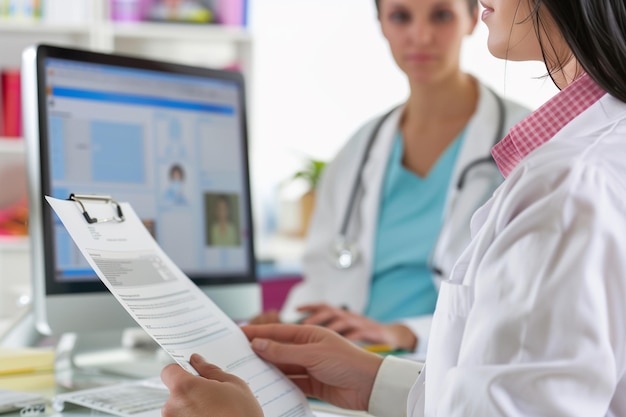 Photo a doctor is looking at a document that has a document in it