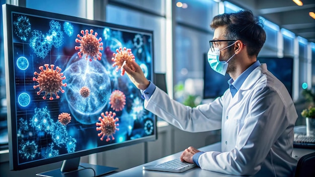 a doctor is looking at a medical device with a medical device in the background