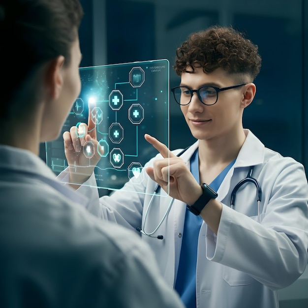 a doctor is looking at a tablet with a man in a lab coat