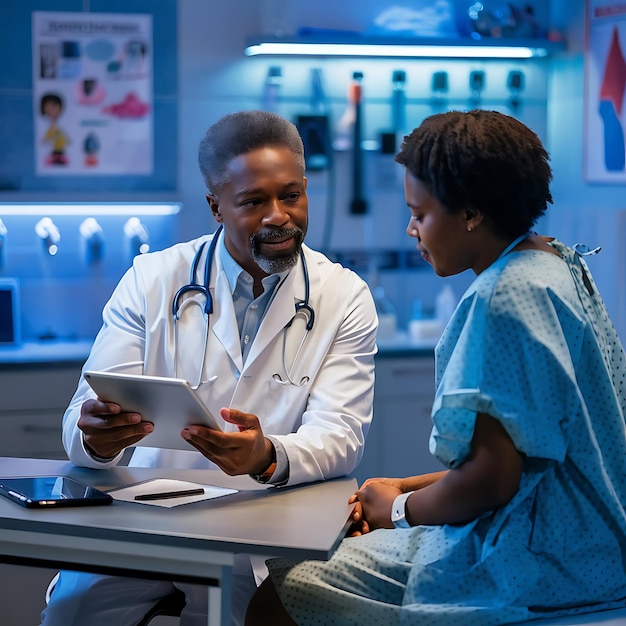 a doctor is looking at a tablet with a stethoscope on it