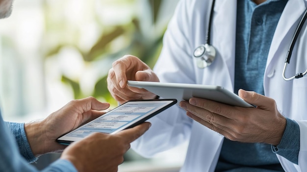 The doctor is showing the patient medical test results on her tablet