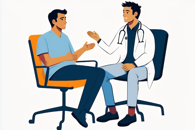 A doctor is sitting across from a patient listening to their concerns and providing advice They are both smiling and relaxed suggesting a positive and supportive doctorpatient relationship