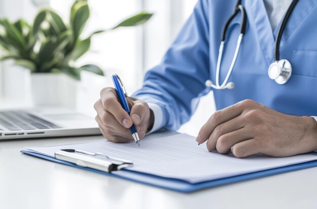 Photo doctor is sitting at a desk holding an empty clipboard and pen in their hand with a white background