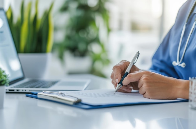 Photo doctor is sitting at a desk holding an empty clipboard and pen in their hand with a white background