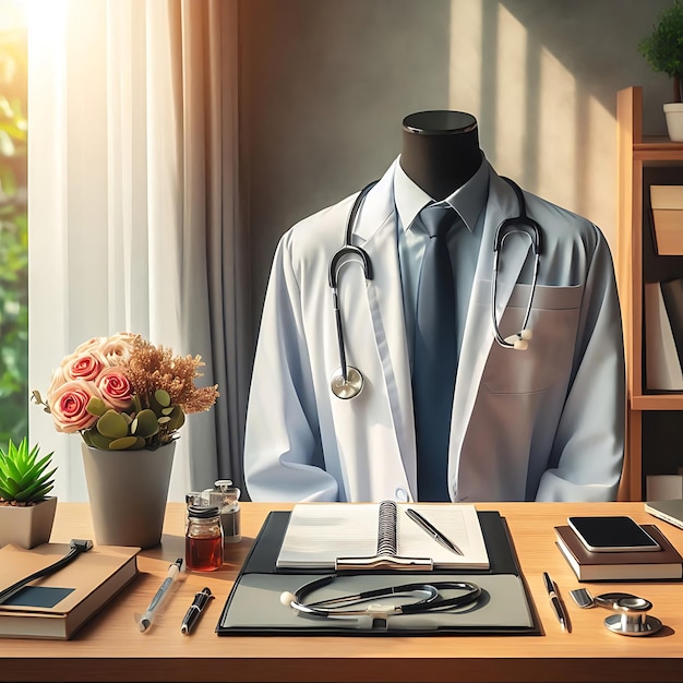 a doctor is sitting at a desk with a stethoscope on it