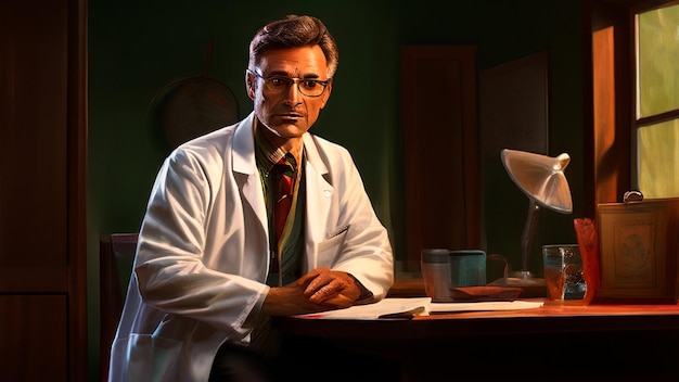 a doctor is sitting at a table with a cup of coffee