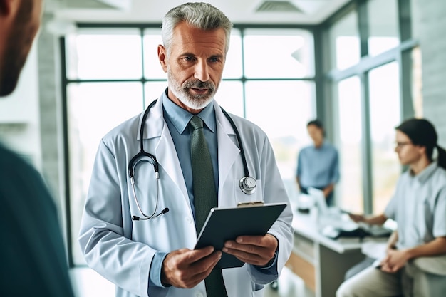 a doctor is standing in a hospital with a stethoscope on his neck