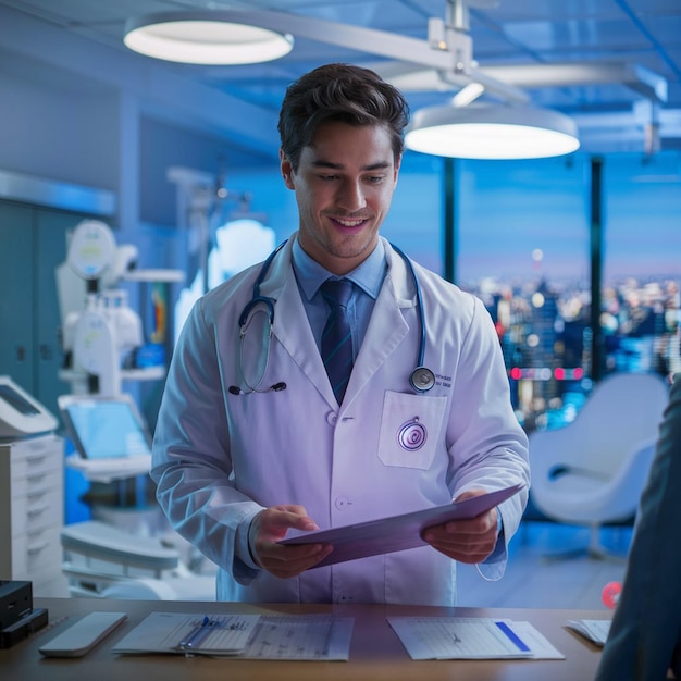 Photo a doctor is standing in a room with a clipboard and a sign that says  doctor