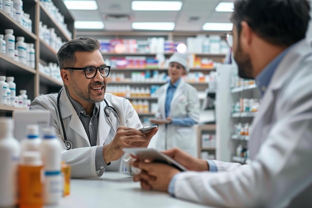 a doctor is talking to a man in a lab coat