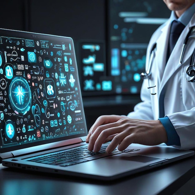 a doctor is using a laptop with the words  medical  on the screen