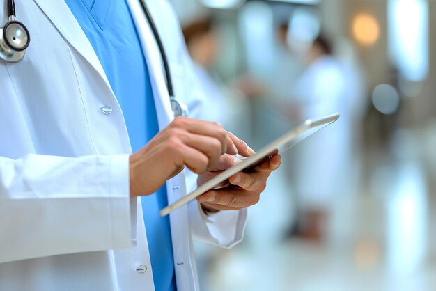 Photo a doctor is using a tablet with a blue shirt on it