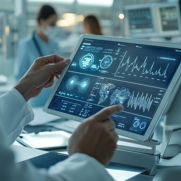 Photo a doctor is using a tablet with a screen that says quot medical quot