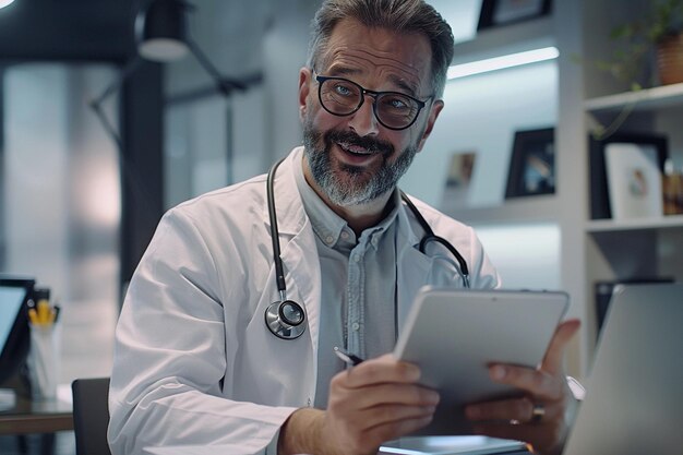 Photo a doctor is using a tablet with a stethoscope on it