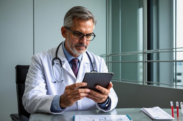 Photo a doctor is using a tablet with a stethoscope