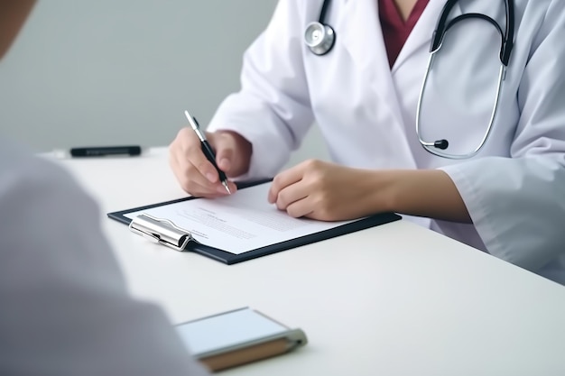 A doctor is writing on a clipboard with a stethoscope.