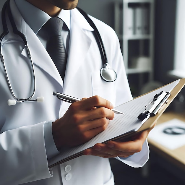 a doctor is writing in a notebook with a pen in his hand