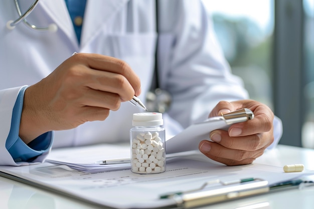 Photo a doctor is writing on a piece of paper with a pen and paper