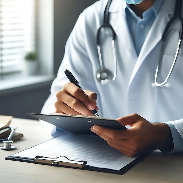 a doctor is writing on a tablet with a pen