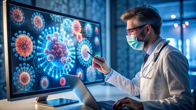 Photo a doctor in a lab coat is using a computer with a monitor behind him