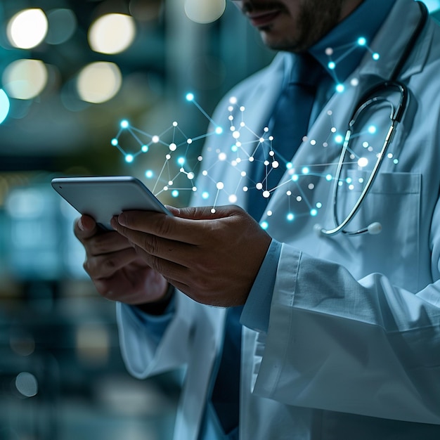 Photo a doctor in a lab coat is using a tablet