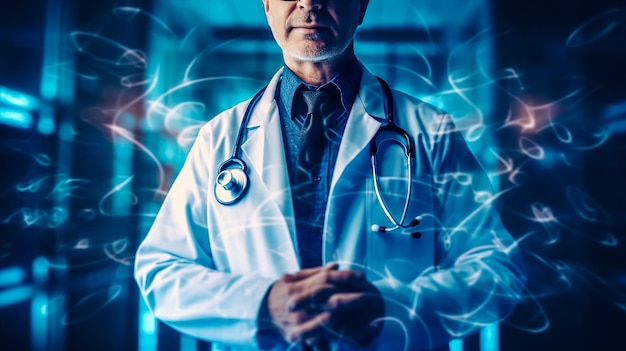 A doctor in a lab coat stands in front of a blue background with smoke trails.