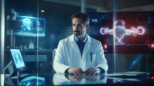 a doctor in a lab coat stands in front of a glass wall with a picture of a man in a lab coat